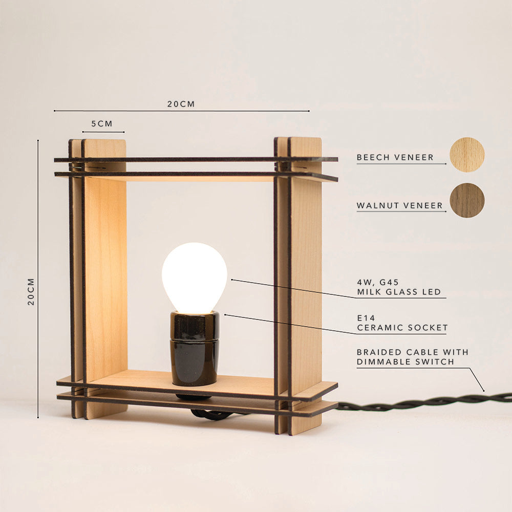 #LAMP Nr. 1 vierkant walnoot - minimalistische dimbare tafellamp